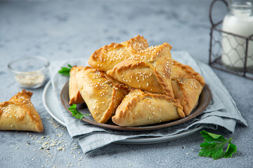 Fresh baked homemade pasties with meat and vegetables