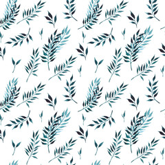 Fototapeta premium Watercolor hand-drawn seamless pattern with turquoise twigs and leaves. Ideal for wrapping paper, decoration and scrapbooking.