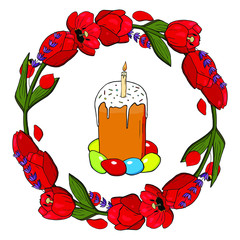 Rounded red tulips with lavander garland with Easter cake and eggs in the middle. Circle made out of red tulips and lavander vector. Red tulips seamless brush. Elements for designing invitation cards 