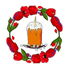 Happy Easter invitation card. Rounded red tulips with lavander garland with Easter cake and pussy willow in the middle. Circle made out of red tulips and pussy willow vector. Elements for designing in