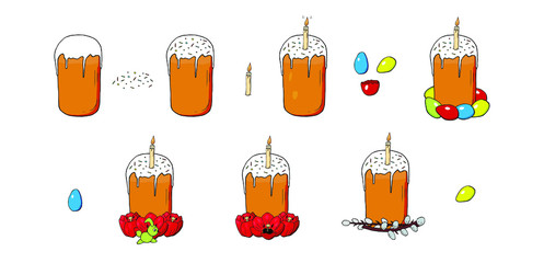 Colored Easter cake vector with eggs and tulips and pussy willow with hare. Easter cake with candle on it.  Elements for designing invitation cards for Happy Easter