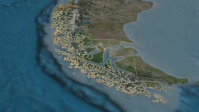 Magallanes y Antártica Chilena, region with its capital, zoomed and extruded on the satellite map of Chile in the conformal Stereographic projection. Animation 3D