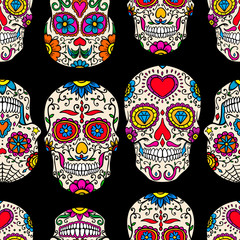 Seamless pattern with mexican sugar skulls and roses. Design element for poster, card, banner, clothes decoration.