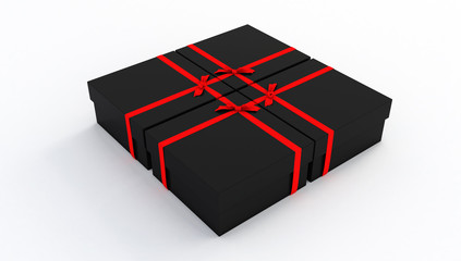 3d rendering of Black gift box with shiny red ribbons isolated on Black background, Holiday decoration element. Birthday or anniversary present