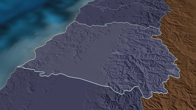 Maule, region with its capital, zoomed and extruded on the administrative map of Chile in the conformal Stereographic projection. Animation 3D