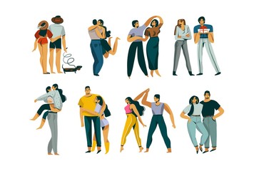 Hand drawn vector stock abstract graphic Valentines day flat illustration with young romantic couple together collection set bundle isolated on white background