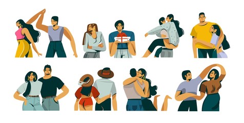 Hand drawn vector stock abstract graphic Valentines day flat illustration with young romantic couple together collection set bundle isolated on white background