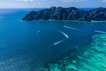 Beautiful panoramic view over Tonsai and Dalum Beach. Green jungles and hot stones on the bright...