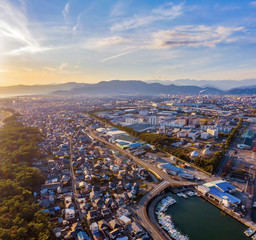 Aerial view of petrochemical oil refinery and sea in industrial engineering concept in Shizuoka...
