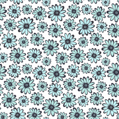 Decorative hand drawn seamless pattern vector of blue flowers on a white background. Abstract floral doodle illustration for design greeting card, invitation, wallpaper, wrapping paper, packaging.