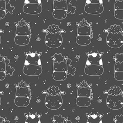 Cute Hand drawn seamless pattern with farm animals. Vector cow, horse, sheep, donkey.