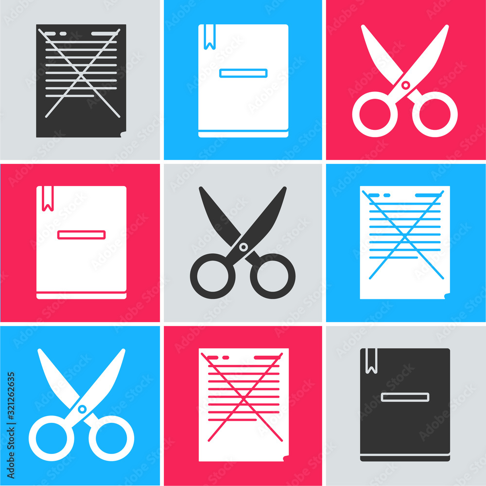 Poster Set Exam paper with incorrect answers survey, Notebook and Scissors icon. Vector