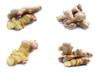 Ginger root on a white background.Collage