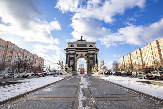Triumphal Gate on Kutuzov avenue. Built in 1968 by Libson. Moscow, Russia