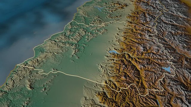 Maule, region with its capital, zoomed and extruded on the relief map of Chile in the conformal Stereographic projection. Animation 3D