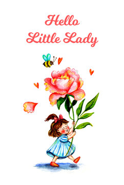 Hello little lady. Watercolor illustration with baby girl, big flower peony, bee. Cute cartoon  drawing. Baby shower, gender party. Ideal poster, picture for the kids room. Children party invitation. 