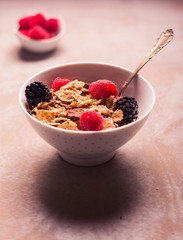 A bowl with cereals, raspberries and blackberries prepared for breakfast. Light background. Vertical format