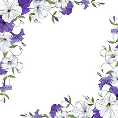 Fototapeta premium Cute floral frame with white, violet flowers petunia and green leaves on white background. Hand drawn. For wedding invitations, greeting cards. Copy space. Vector stock illustration.