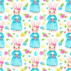 Hand-drawn seamless watercolor easter pattern with girl bunny, easter eggs and flowers on a white...