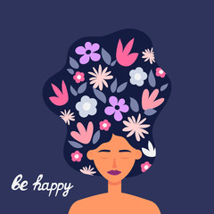 March 8. Beautiful card for International Women's Day with the image of beautiful women, spring flowers and a cute handwritten font. Flat isolated vector illustration on white background.