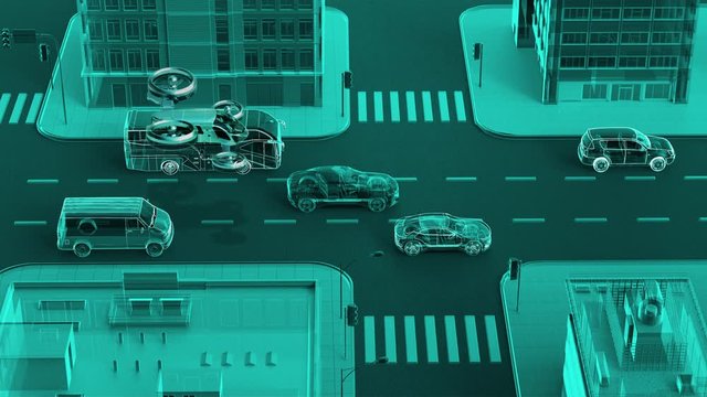 Drone taxi flying through the city center cross road, Hologram image, 4k animation.