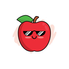 Cartoon of Cute Apple Character Design, Apple Icon with Sunglasses Illustration Template Vector