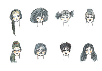 Faces of different women, with different hairstyles, arranged in two rows. The drawing is made in watercolor.