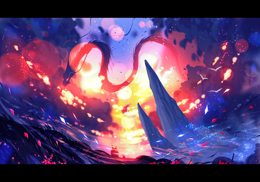 Artistic digital paint illustration of a dragon attacking a castle
