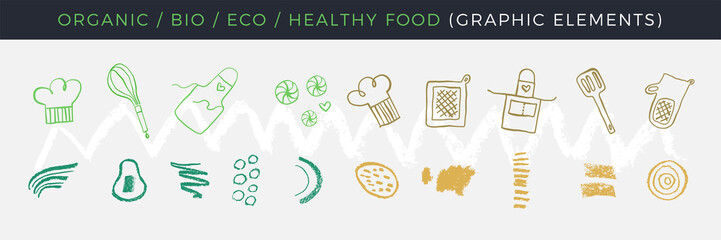 Gastronomy icons set. Gastronomic linear signs. Doodle logos for restaurant and cafe branding. Hand-drawn illustrations for bakehouse. Linear icons for emblems of cooking class. 