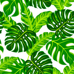 Seamless pattern with green tropical plants on a white background. Trend vector design, beautiful print. Exotic wallpaper, Hawaiian style. Jungle leaves. Vector background for various surface. 