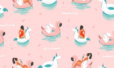 Naklejka premium Hand drawn vector stock abstract cute summer time cartoon illustrations seamless pattern with unicornand flamingo rubbers rings and dolphins isolated on pink background