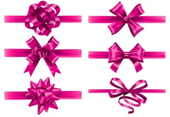 Realistic pink ribbons with bows. Festive wrapping bow, pinks silk ribbon and valentines day gifts decoration vector set. Bundle of decorative silk tapes for present packaging. Set of tied strips.