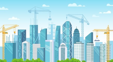 Builded city. City under construction, building foundations and construction cranes build buildings cartoon vector illustration. Urban development. Panoramic street view with modern skyscrapers.