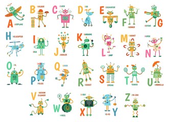 Cartoon robots alphabet. Funny robot characters, ABC letters for kids and education poster with robotic friend mascots vector illustration set. Cute androids and english words placed alphabetically. - obrazy, fototapety, plakaty