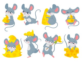 Cartoon mouse with cheese. Cute little mouses, funny mouse mascot and mice steal cheese vector set. Collection of happy rodents eating snacks. Bundle of little adorable joyful animals with food.