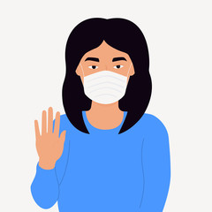 Coronavirus in China. Novel virus 2019-nCoV. Chinese woman in white medical face mask shows a stop gesture. Concept of quarantine, prevent infection