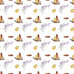 Seamless pattern in spring motive. Realistic wild birds eggs and feathers in composition with willow and lilac branches. Easter symbol. Watercolor hand painted isolated elements on white background.