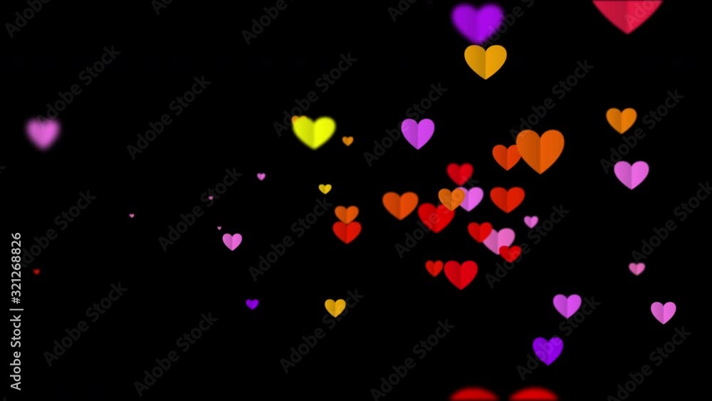 Poster floating colorful hearts flying like butterfly seamless loop with alpha channel isolated. love, pass