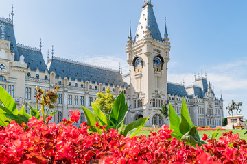 The Palace of Culture in Iasi, Romania. Front view from the Palace Square of The Palace of Culture, the symbol of the city of Iasi on a sunny summer day. Palace of Iasi