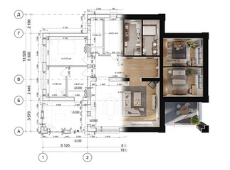3d rendering of a modern private house located on the architectural technical drawing