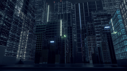 3D Rendering of modern skyscraper buildings in large city at night with reflection on wet  puddle street after raining. Concept for night life, business vision, technology product 