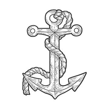 Anchor and rope sketch engraving vector illustration. T-shirt apparel print design. Scratch board imitation. Black and white hand drawn image.