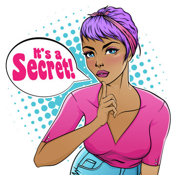 "It's a Secret!"template poster design. Vector illustration of pretty charming young woman holding finger on lips and showing silence sign. Blue halftone background. Modern pop art style banner.