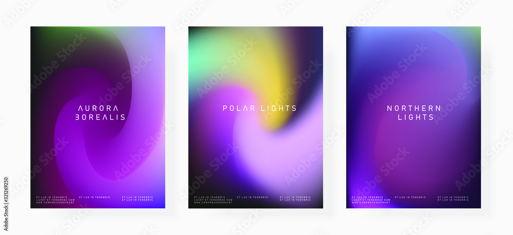 Poster set of posters with northern lights gradient. luminescence of aurora borealis.