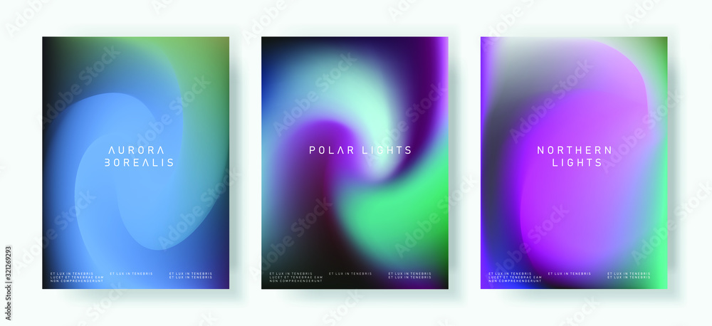 Poster set of posters with northern lights gradient. luminescence of aurora borealis.