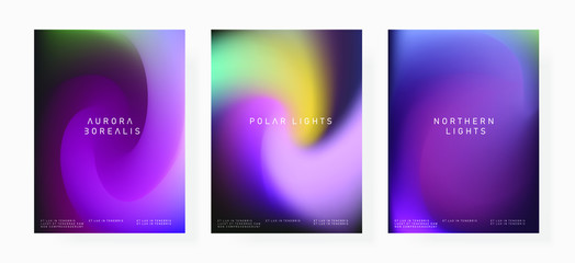 Set of posters with Northern lights gradient. Luminescence of Aurora Borealis.