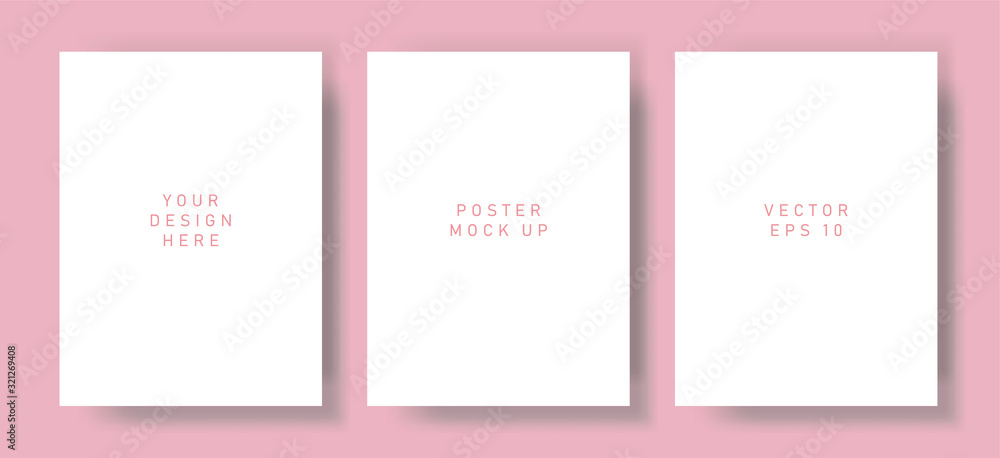 Poster White blank poster with drop shadows hanging on wall. Empty paper sheet on binders, A4 page mockup. Vector illustration