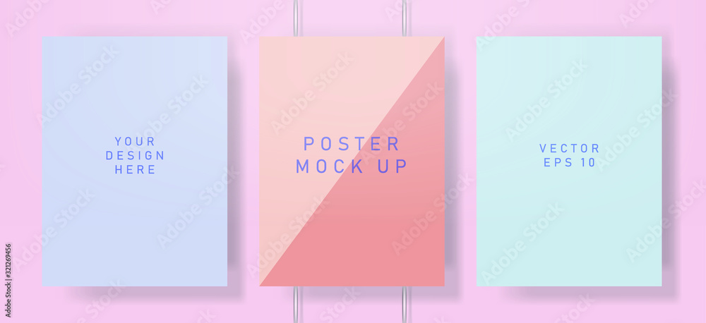 Poster Flat lay of blank posters in pastel color tones with drop shadows. Realistic mock up template for print production: covers, flyers, banners.