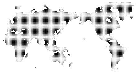 四角いドットで構成された世界地図-白黒色