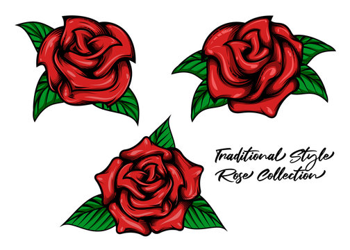 Red roses buds and green leaves set. Vector illustration of red roses in traditional ink stile. Isolated on white background.